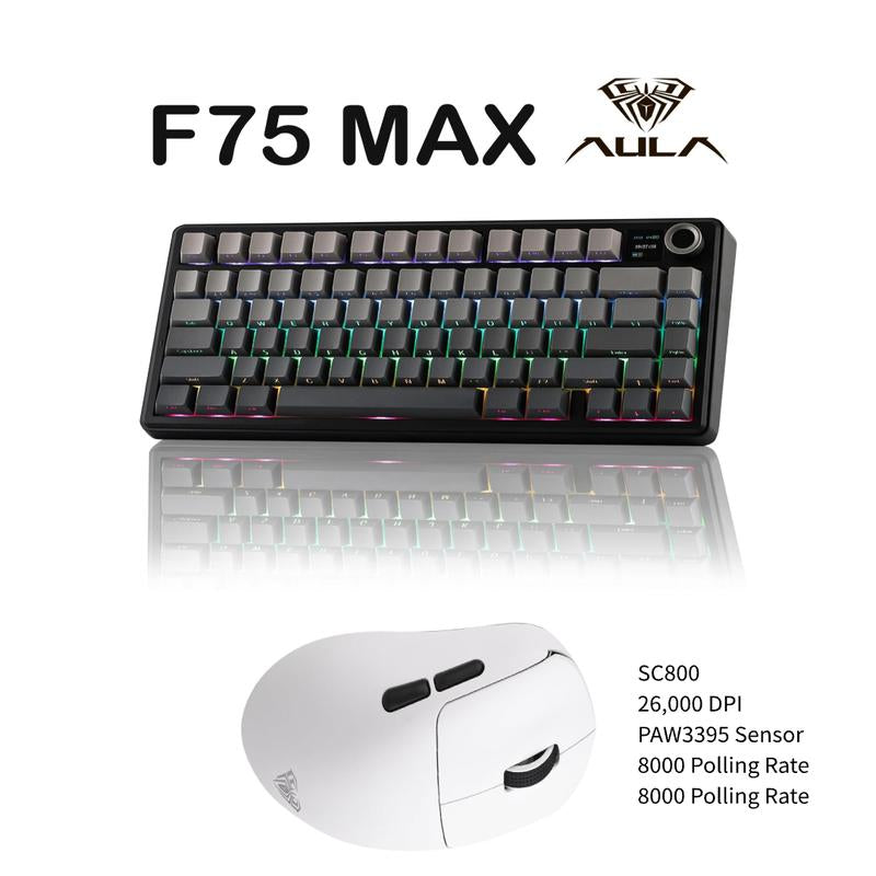 Aula F75 MAX Wireless Mechanical Keyboard 75% Layout Hot Swappable RGB Backlit Gasket Design TFT Screen Knob for PC Mac Linux