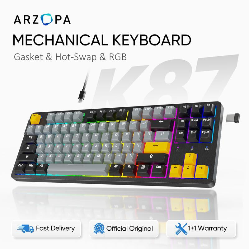 ARZOPA 75% Mechanical Gaming Keyboard Wired, RGB Backlit 81 Keys Compact Mechanical Keyboard Socket Dedicated Red Switch Gasket Mount Keyboard Knob Volume Control Linear Sound Absorbing Pads for Game and Office, Suitable for Windows Laptop PC Mac