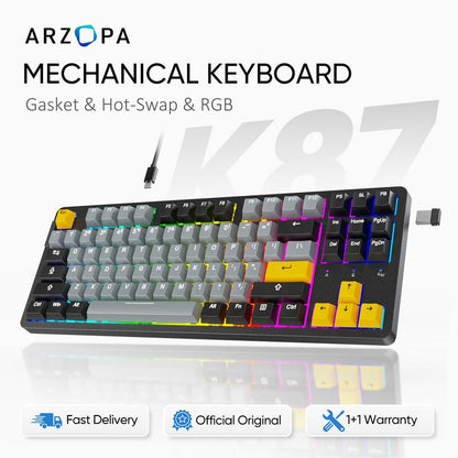 ARZOPA 75% Mechanical Gaming Keyboard Wired, RGB Backlit 81 Keys Compact Mechanical Keyboard Socket Dedicated Red Switch Gasket Mount Keyboard Knob Volume Control Linear Sound Absorbing Pads for Game and Office, Suitable for Windows Laptop PC Mac